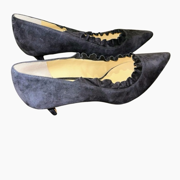 Sole Society dark Navy Suede Ruffle Danla Kitten 2.5” Heel Pumps point toe 11 - Picture 3 of 5